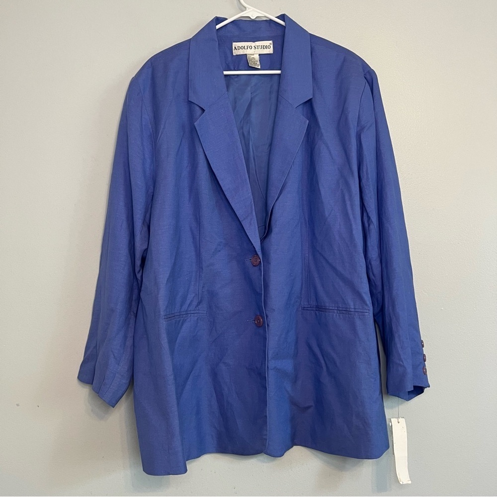 NWT Vintage Adolfo Studio Linen Blend Blazer Blue Plus Sz 26W Office Casual